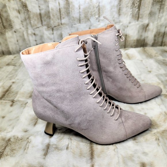 ☆ Ice Faux Suede Single Sole Gold Chunky Heel Ankle Booties - Picture 3 of 6